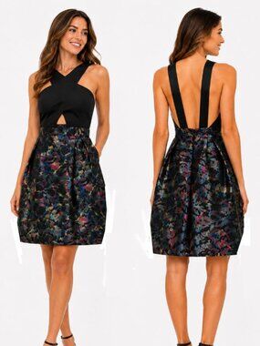 Aidan Mattox Mini Dress Cross Neck Cutout Jacquard Size 10 Black Multi